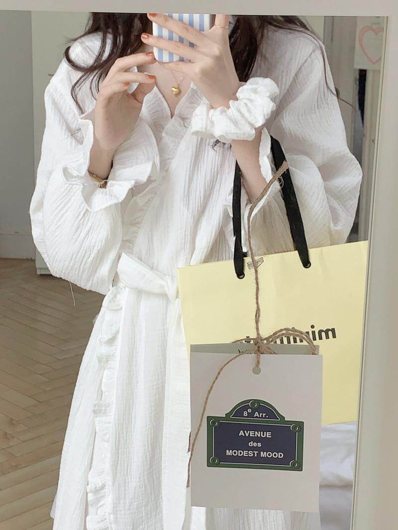 NIGHTGOWN WOMENS AUTUMN WINTER LONG SLEEVE MID-LENGTH BATHROBE KOREAN SWEET RUFFLES COTTON GAUZE PAJAMAS LOUNGEWEAR SPRING