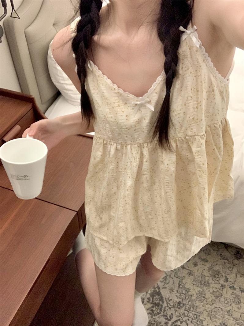 SUSPENDERS PAJAMAS WOMENS SUMMER VEST SHORTS KOREAN VERSION SWEET FRESH FLORAL FOAM COTTON LOUNGEWEAR TWO-PIECE SET