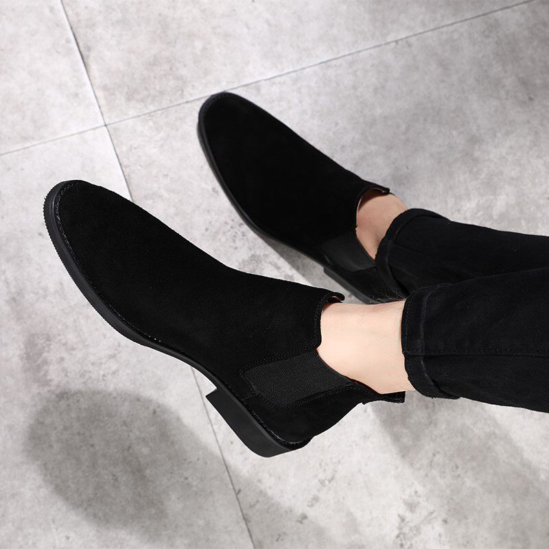 BRITISH CHELSEA BOOTS MENS LEATHER SUEDE CASUAL BOOTS POINTED TOE RETRO HEIGHTENED VELVET MARTIN BOOTS MENS HIGH-TOP