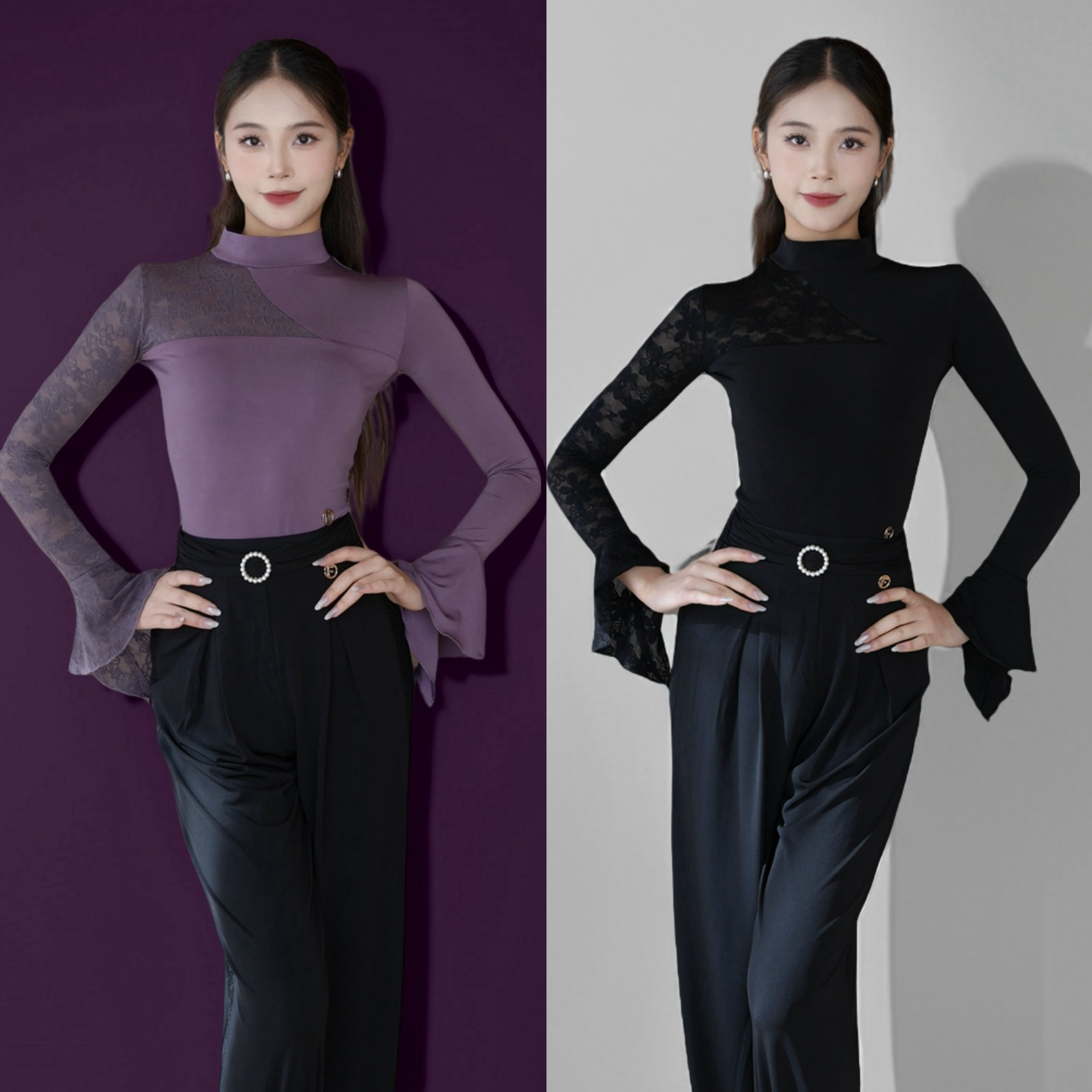 梵星舞服摩登舞服女秋冬新款蕾丝拼接长袖荷叶边练功服摩登训练服