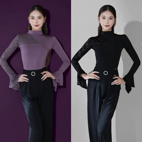 梵星舞服摩登舞服女秋冬新款蕾丝拼接长袖荷叶边练功服摩登训练服
