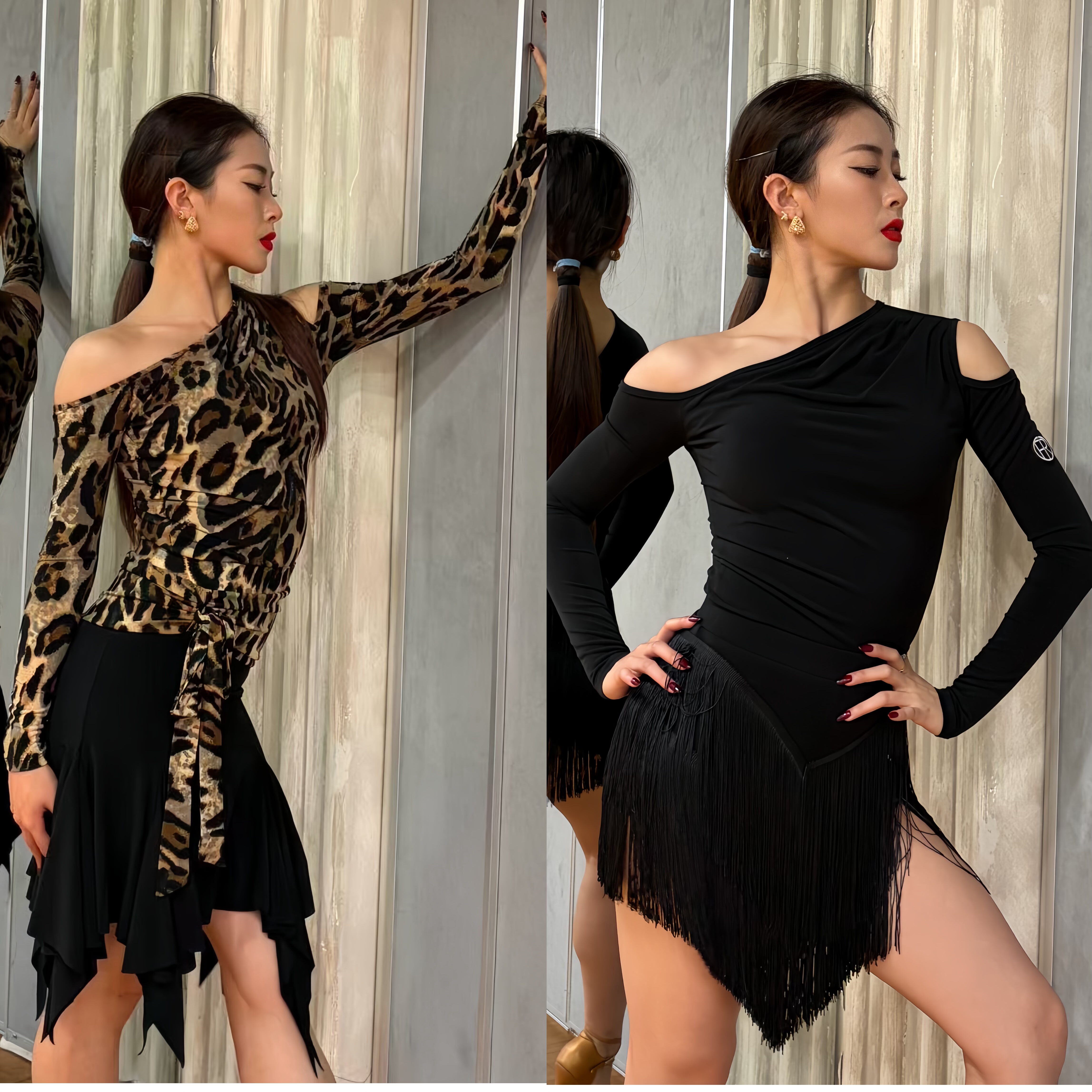 Fairy拉丁舞服新款练豹纹长袖上衣流苏半身裙女气质拉丁套装