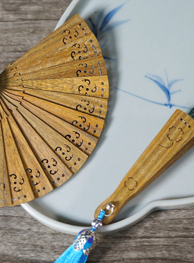 绿檀木小扇子挂件挂饰中国风古典镂空雕刻工艺品文玩摆件车载挂