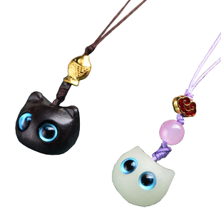 玄同紫光檀夜光石创意可爱小福猫包包挂件木钥匙扣手机链女情侣