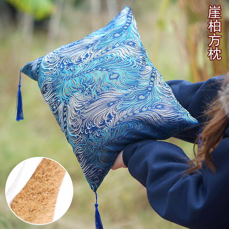 崖柏木粉枕方枕蓝孔雀流苏枕头长方形睡枕沙发抱枕中式古典装饰枕