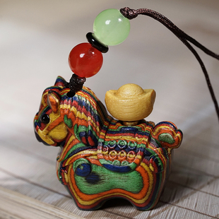 彩虹木马上有钱元宝可转挂件钥匙扣文玩挂饰小马包挂饰木质木作