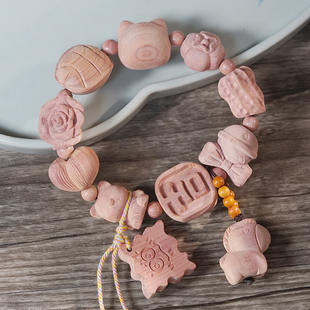 血柏木雕刻大吉大利手串手持搭配唐马熊爱心手工编织文玩手链