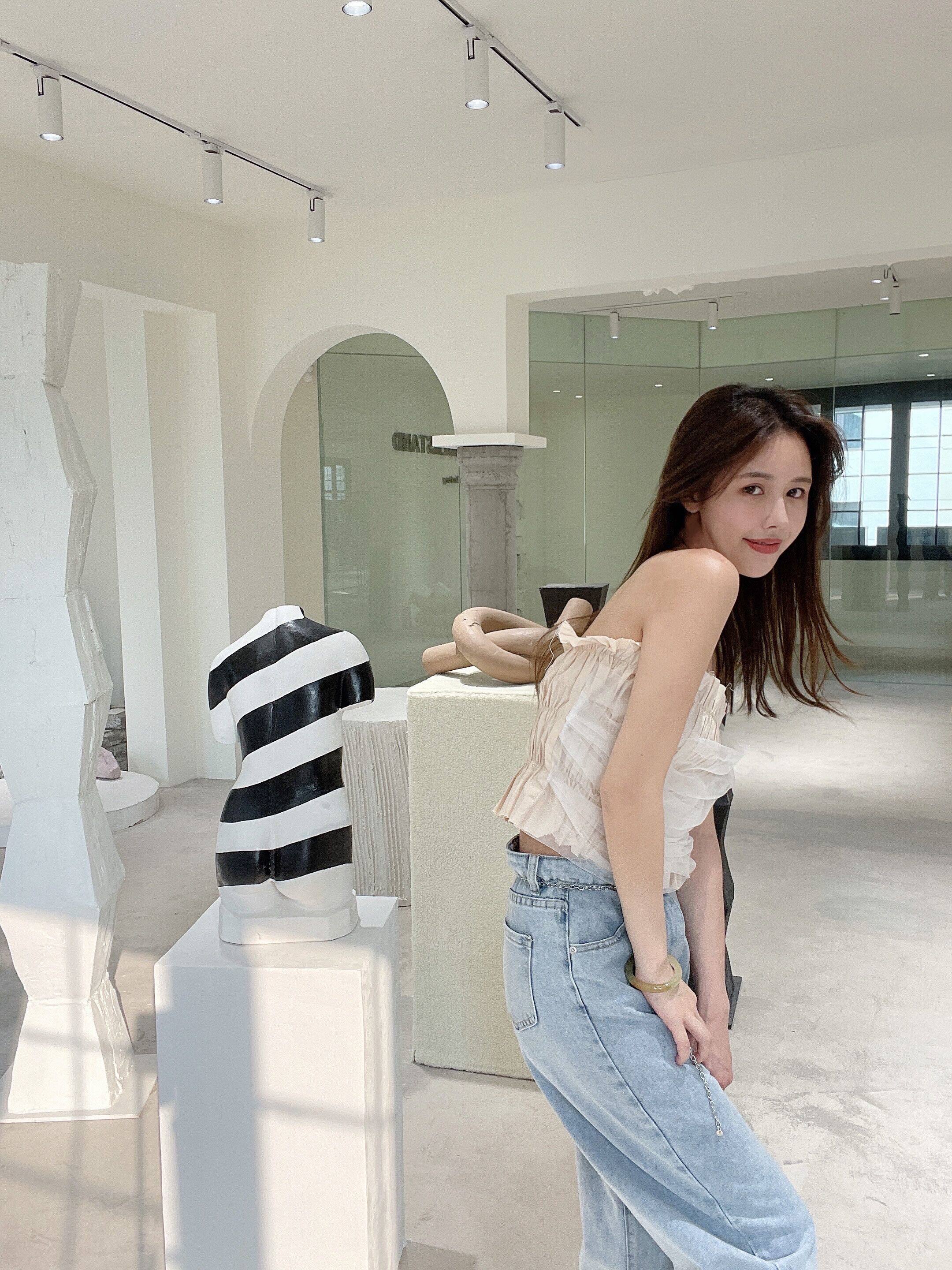 mobiusk仙气网纱裸色牛仔裤