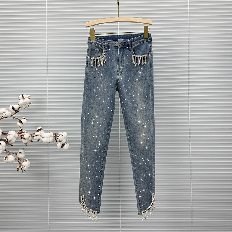 镶钻流苏牛仔裤女2026春季新款小个子高腰紧身小脚烫钻铅笔九分裤
