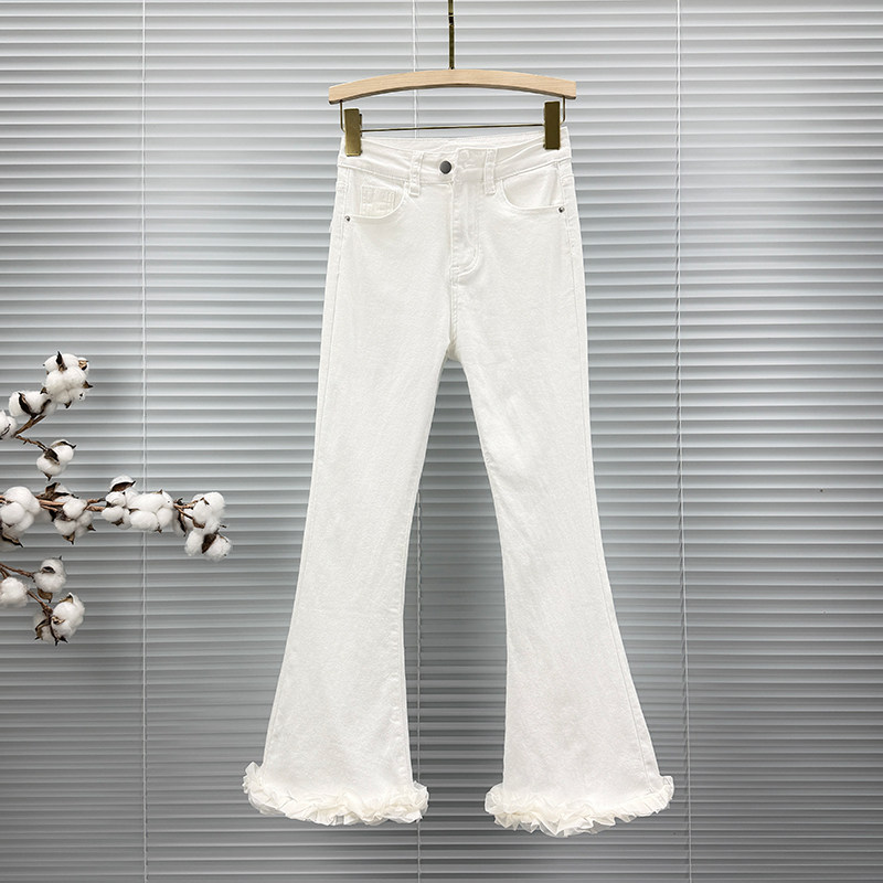 拼接蕾丝花边微喇牛仔裤女2026年新款夏装高腰紧身百搭薄款九分裤