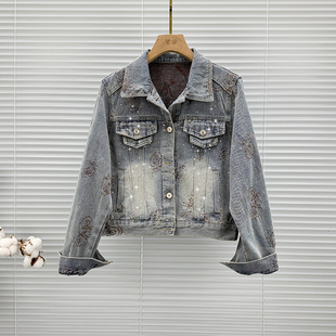 春装 长袖 修身 短款 夹克 显瘦百搭时尚 绣花烫钻牛仔外套女2026年新款