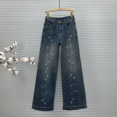 高腰宽松百搭欧货阔腿裤 ins重工烫钻牛仔长裤 女潮2026年春秋新款