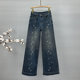 高腰宽松百搭欧货阔腿裤 ins重工烫钻牛仔长裤 女潮2026年春秋新款