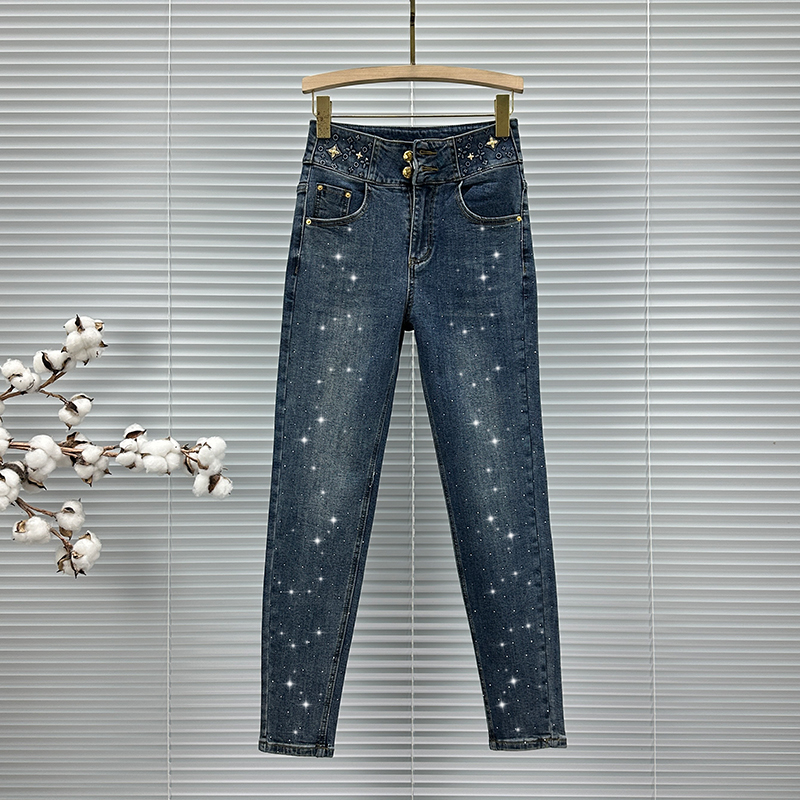 抓绒烫钻小脚牛仔裤女潮铅笔长裤