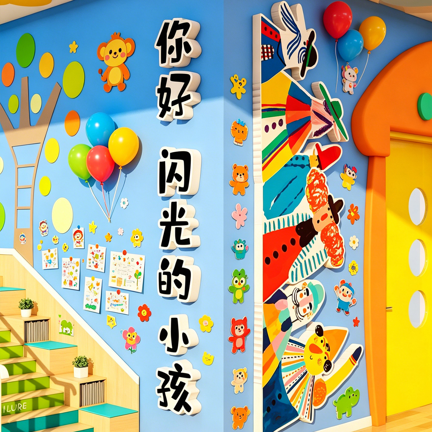 儿园墙面装饰托管班楼梯背景墙贴你好闪光的小孩环创主题墙成品幼