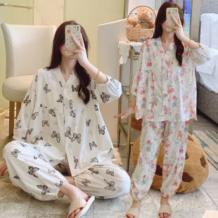 薄款 套装 棉绸睡衣女夏季 开衫 人造棉家居服洋气可外穿 韩版 宽松大码