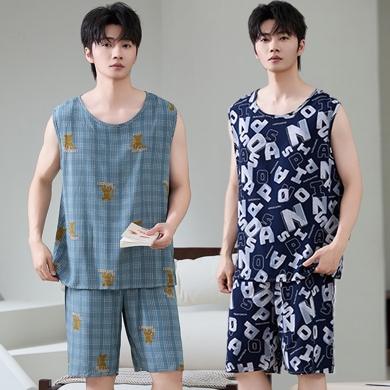 夏季男士棉绸睡衣薄款无袖套装男款夏天绵绸家居服人造棉大码外穿