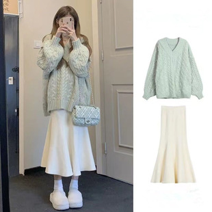 慵懒软糯v毛衣两件套装女秋冬小个子奶fufu韩系温柔风针织衫上衣