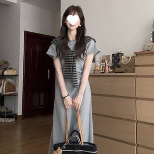 原创街头风极简风夏季短袖圆领披肩连衣裙时尚显瘦复古韩版长裙女