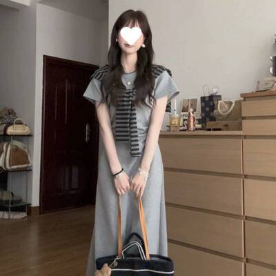 原创街头风极简风夏季短袖圆领披肩连衣裙时尚显瘦复古韩版长裙女