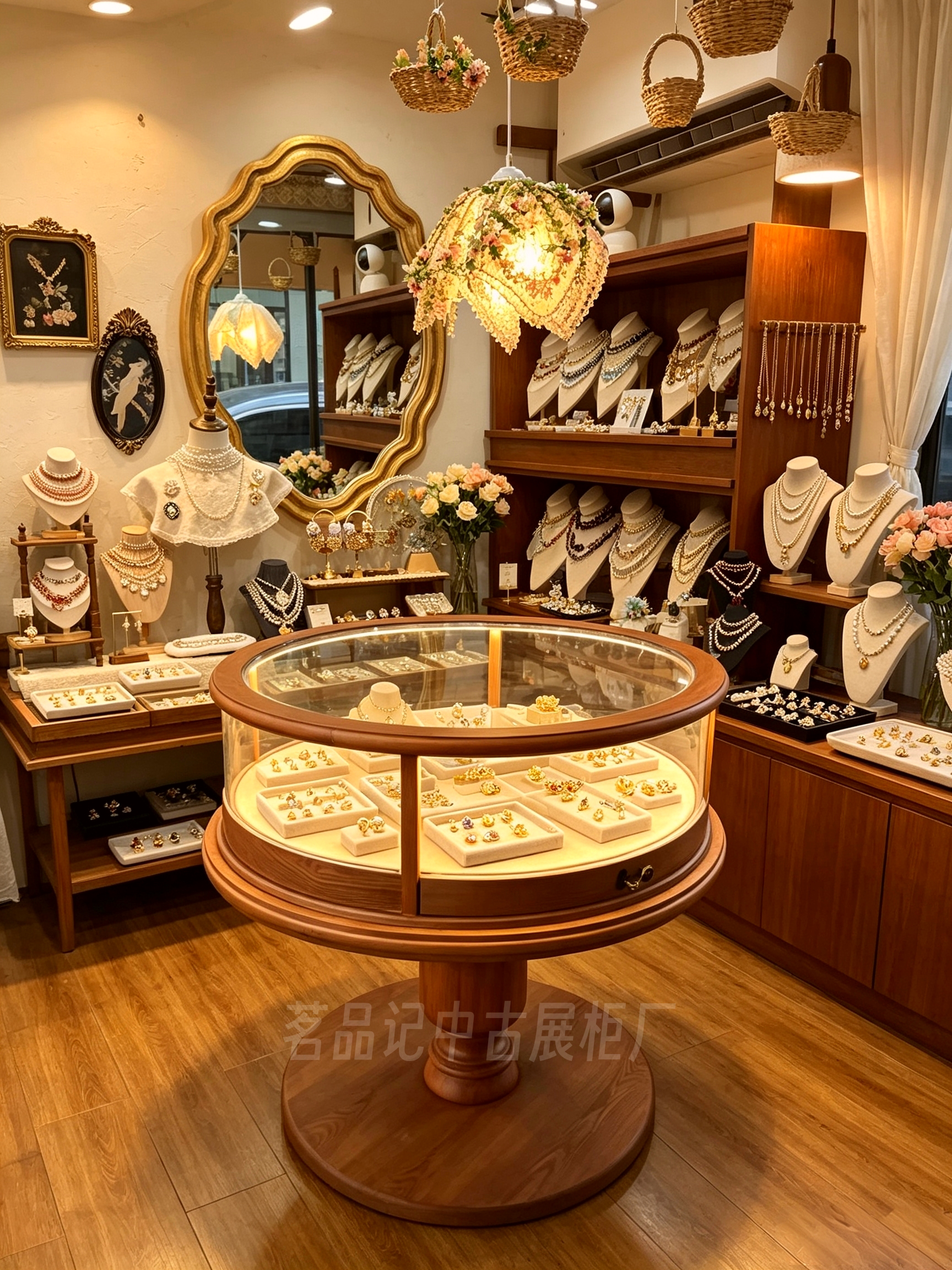 简约圆形中岛陈列台中古风木制玻展示柜/陈列柜/展示