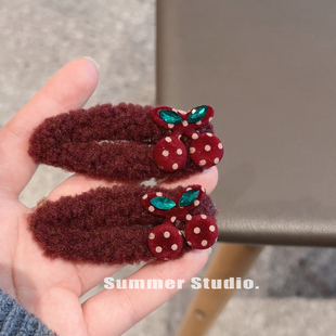 氛围感发夹~小樱桃椭圆毛绒绒刘海夹 侧边前额碎发夹圣诞掰掰夹