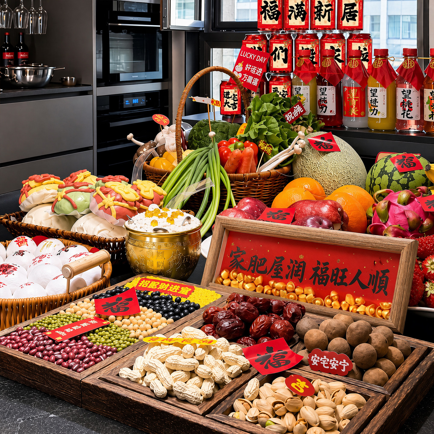 乔迁之喜干果盘木盒茶点心摆件氛围布置搬家入宅仪式用品礼物全套