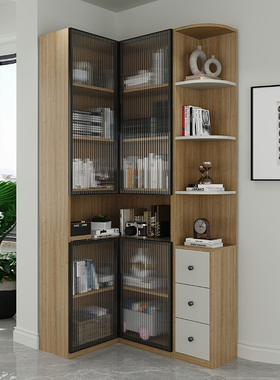 转角书柜置物架落地实木家用客厅墙角靠墙多层储物可定制拐角书架