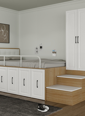 单人床带侧柜小卧室高箱床衣柜组合收纳儿童榻榻米床柜一体省空间