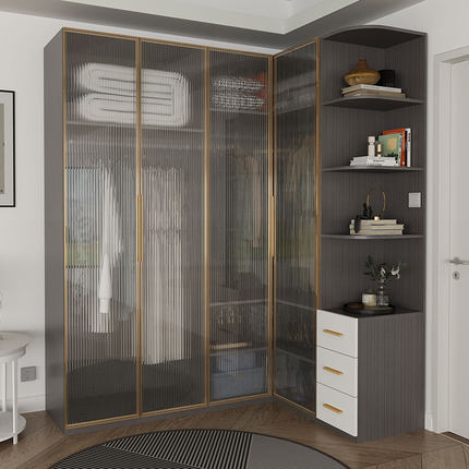 90度转角衣柜定制极简家用卧室小户型拐角7字主卧L型书桌衣橱组合