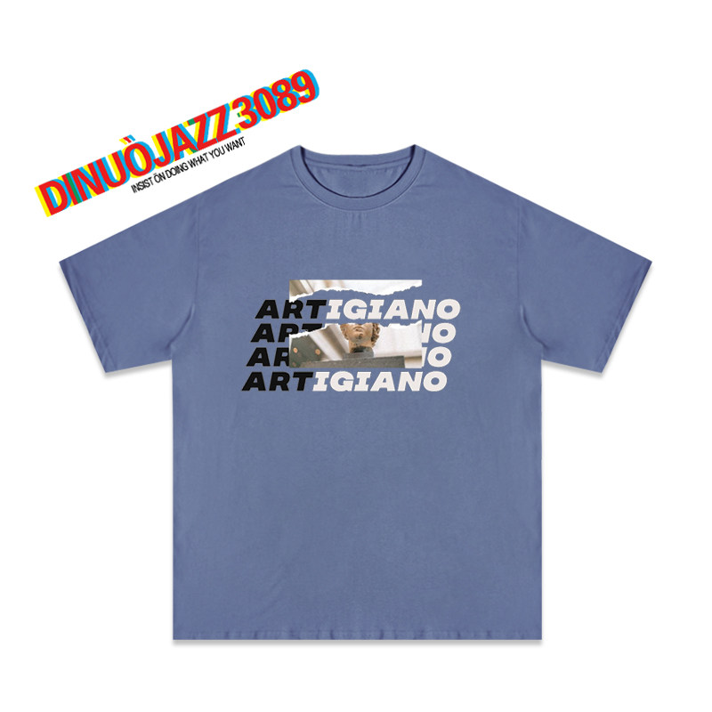 David大卫人像印花拼接短袖男女情侣款宽松雾霾蓝色上衣t恤颓废风