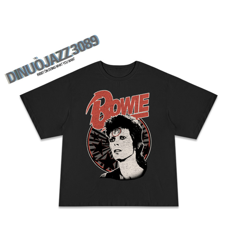 ins高街潮牌David Bowie大卫·鲍威70 80人像印花宽松落肩半袖潮