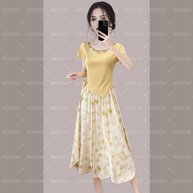 RIERA夏季轻奢高级感时尚气质名媛女神范高端小香风黄色T恤半身裙