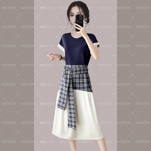 RIERA小众设计师款 显瘦气 拼接格子绑带蕾丝连衣裙女2025夏季 新款