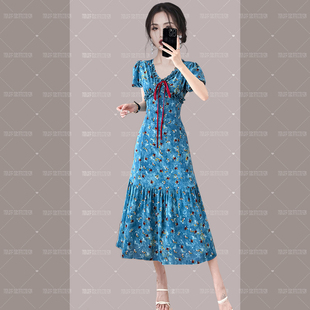 显瘦系带收腰V领雪纺 RIERA泡泡袖 碎花连衣裙女中长款 2025夏季 修身