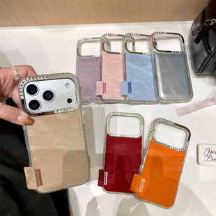 加尔 高级感闪钻镜框秋冬纯色皮纹适用苹果17ProMax手机壳iphone15新款16pro女款13创意14pro防摔17Pro保护套