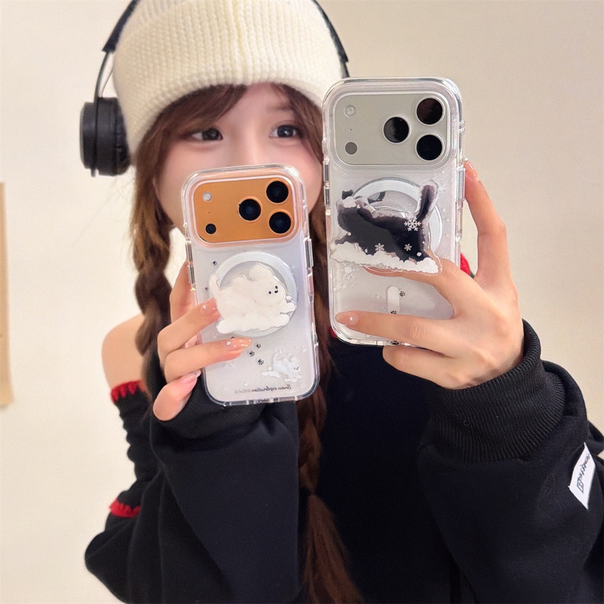 加尔 冬季奶萌可爱雪地猫咪狗狗磁吸支架适用苹果17ProMax手机壳iphone15pro新款16pro硅胶14pro防摔13保护套