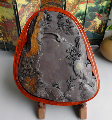 手工雕端砚台 上三坑麻子坑“旭日东升”端砚台21cmx18cmx3cm