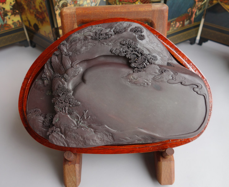 手工雕 老水麻子坑“江山多娇”端砚台 17.5cmx12cmx2.5cm