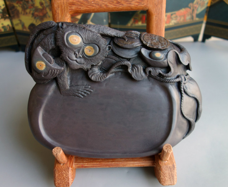 手工雕端砚台 老水麻子坑“灵猴献寿”端砚台 17.5x12.5x4cm