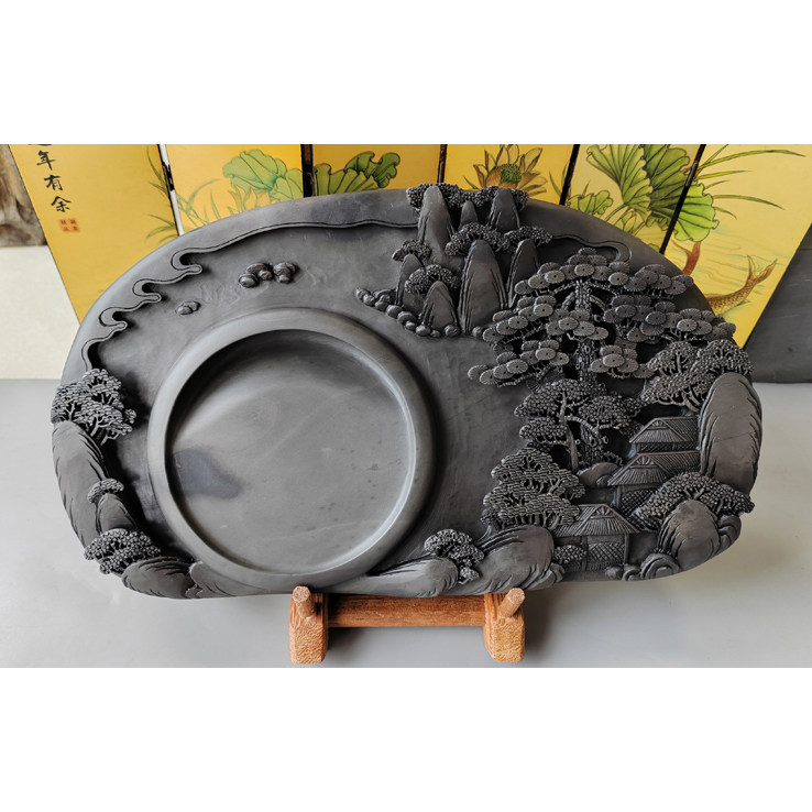梁伟明大师作品 手工雕刻宋坑《绿水青山》端砚台32.8x19.2x4.3cm