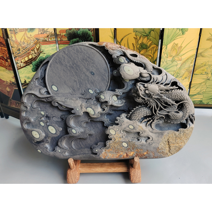 手工雕端砚台特价 梅花坑《龙舞群星》端砚台 27x18.5x5.5cm