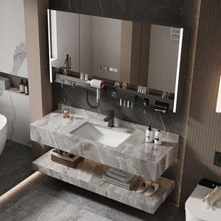 岩板双层洗脸盆智能浴室镜组合卫生间洗手洗漱台挂墙式酒店风定制