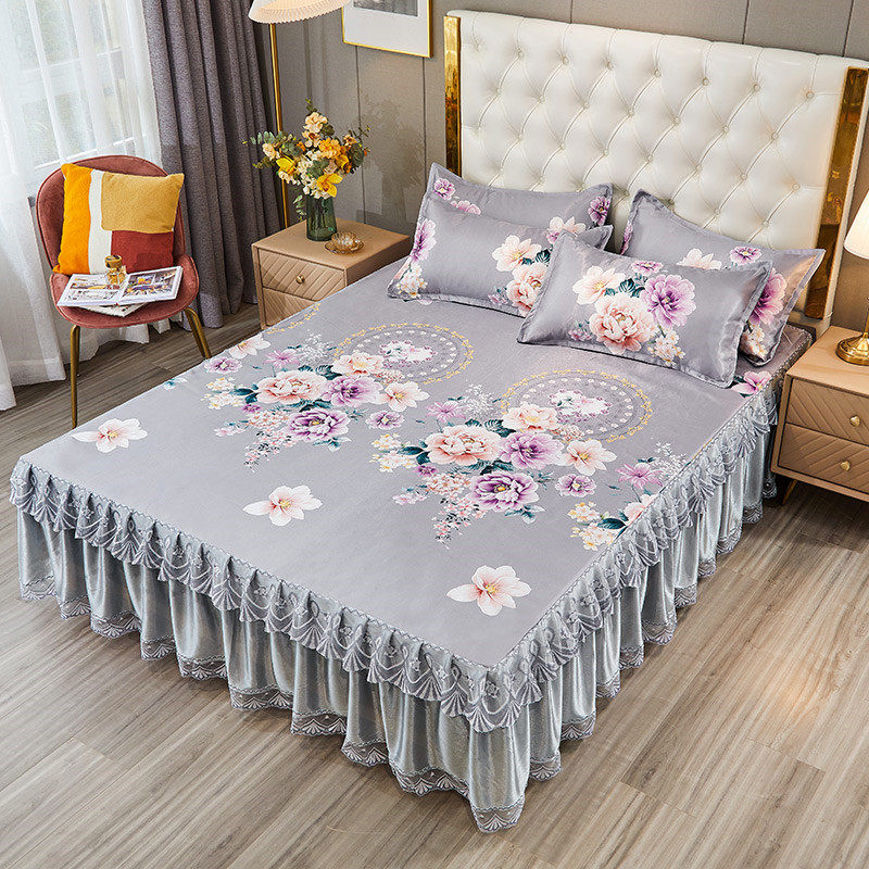 夏季床裙凉席冰丝席三件套公主风可水洗折叠空调席少女心床单凉席