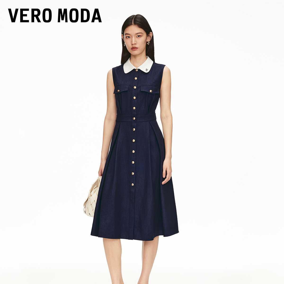 Vero Moda连衣裙2025冬新款撞色翻领高腰线收褶中长裙3252SZ007