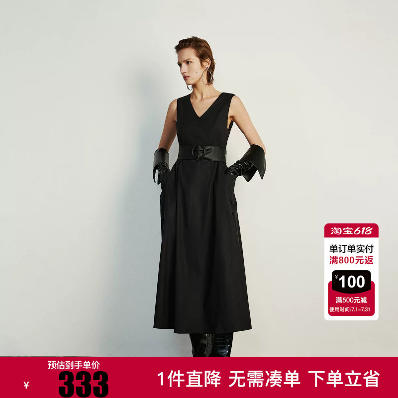 绫致ONLY25冬新款纯色宽松大口袋可拆卸宽腰带背心长裙连衣裙女
