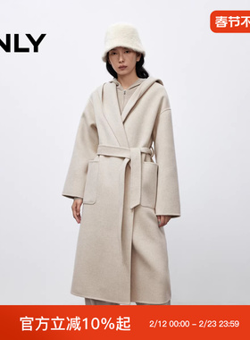 ONLY2025冬季新款双面呢浴袍连帽设计收腰毛呢大衣女