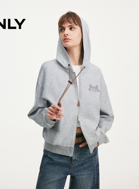 ONLY2026春季新款氛围大兜帽PU帽绳双头拉链宽松卫衣女|12619R001