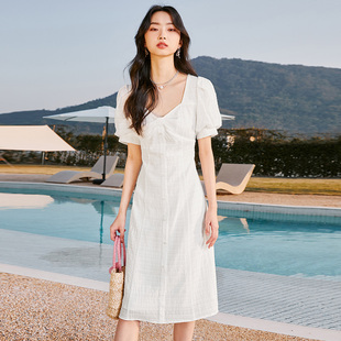 气质甜美收腰中长裙纯色姐妹闺蜜连衣裙女 绫致ONLY2025春夏新款