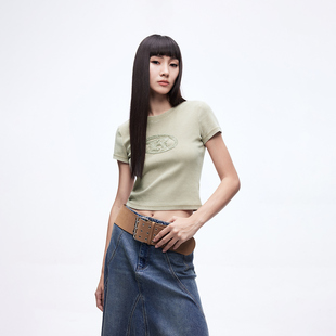 T恤女 绫致ONLY2025春新款 个性 拉毛绣布质感做旧磨白短款 正肩短袖